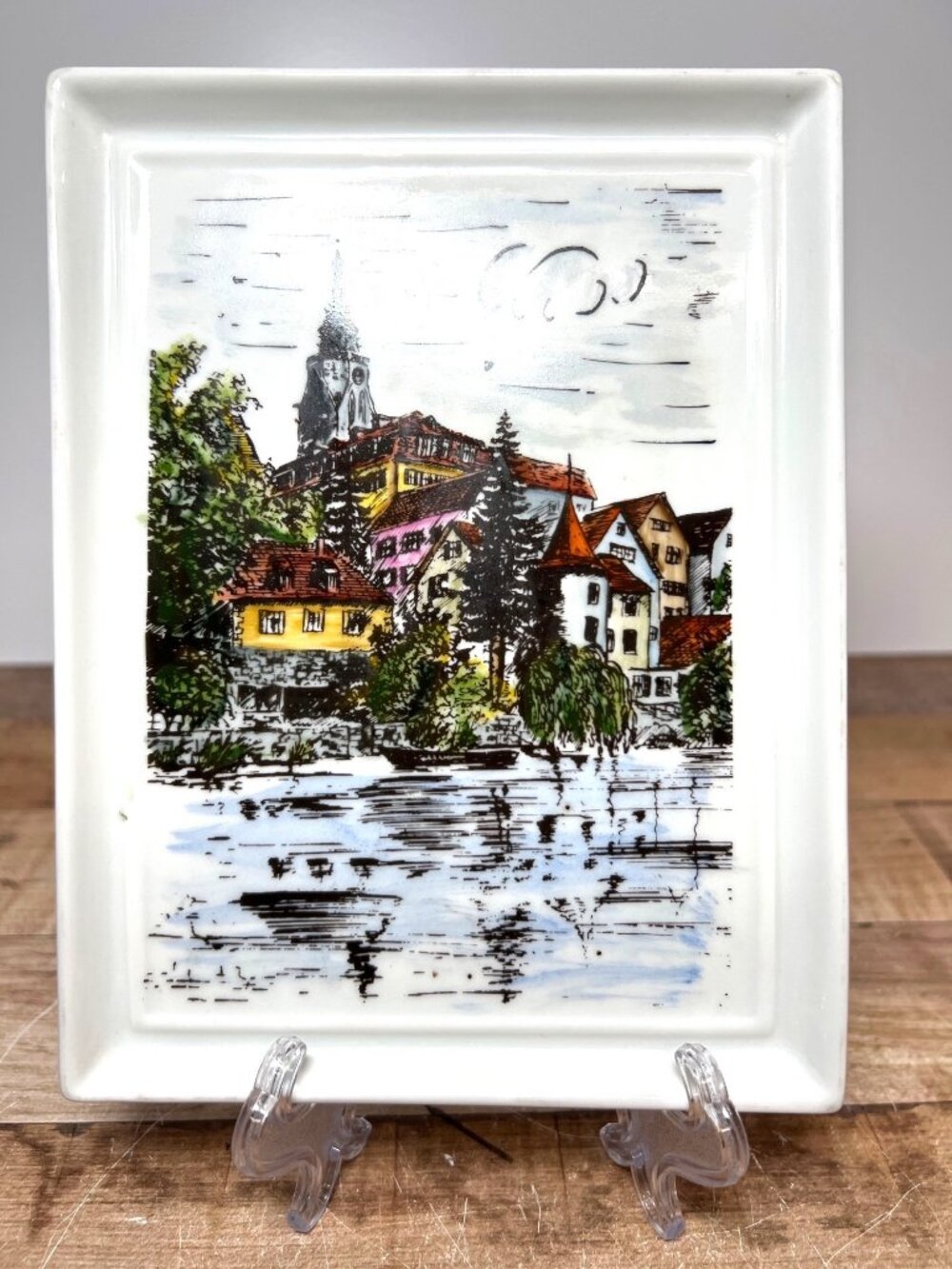 Vintage Porcelain Wall Plaque With Hand-Painted European Village Scene Rectangul